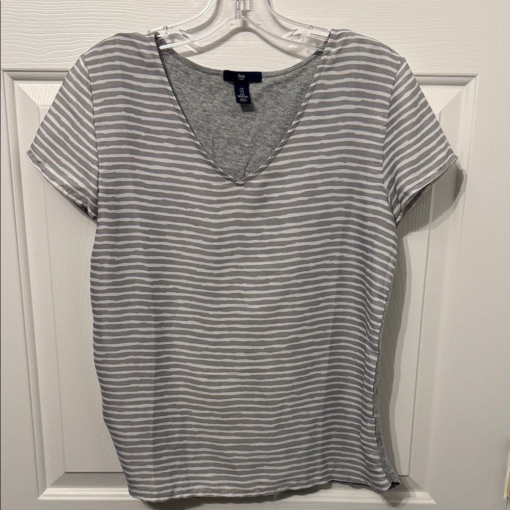GAP Gray and White Striped V-Neck Tee